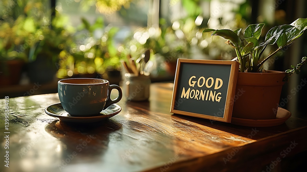 Start your Day Right: Coffee Cup, Plants, and Morning Message on a Wooden Table for Cozy Interior.