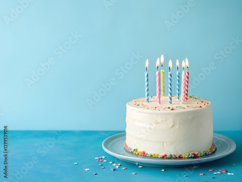 Delicious Birthday Cake with Colorful Candles on a Teal Background