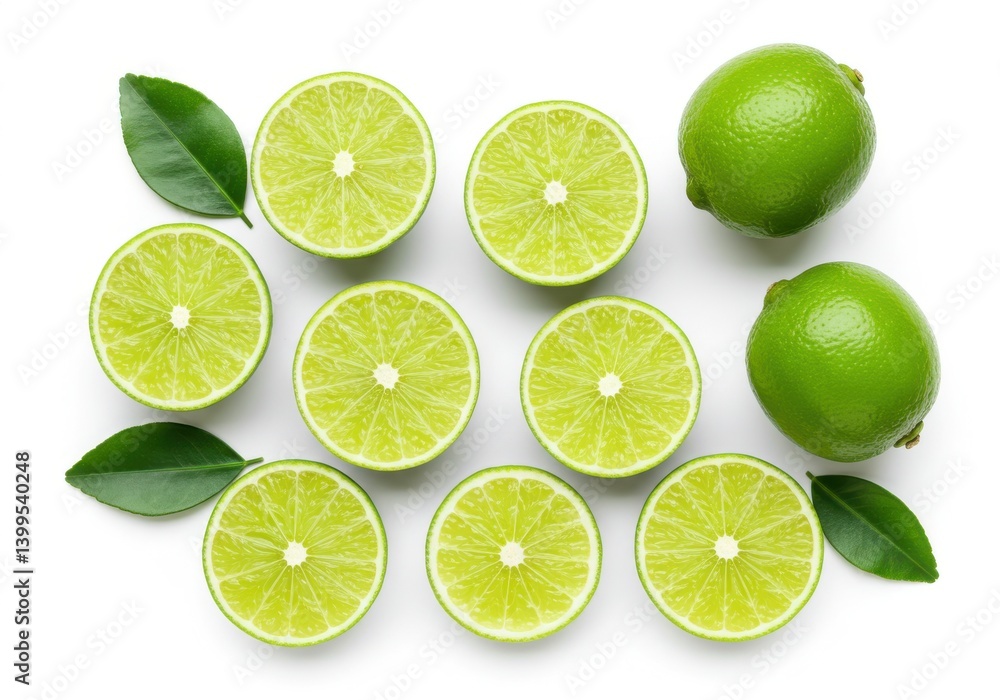 Arrangement of sliced and whole limes with green leaves on a white background in a studio setting Arrangement of sliced and whole limes with green leaves on a white background in a studio setting