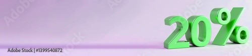 Banner with green 20 percent sign on pink background. Discount concept, space for text on the left