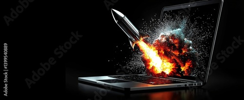 The stark black background emphasizes the vibrant action of the rocket taking off.