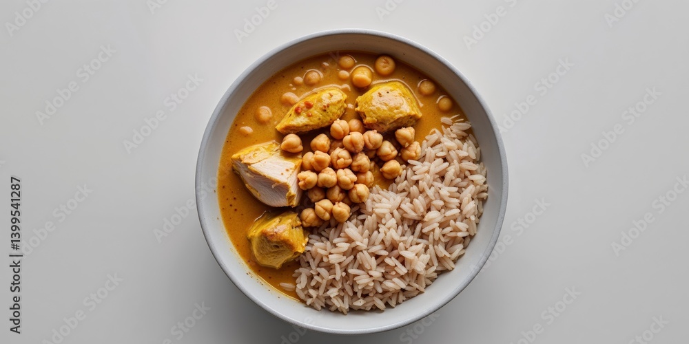 Chicken and Chickpea Curry with Brown Rice A Top Down View Chicken and Chickpea Curry with Brown Rice A Top Down View