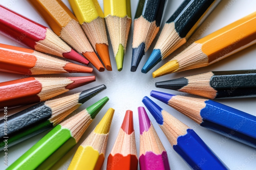 Fototapeta premium Arrangement of colored pencils forming a circle on white surface