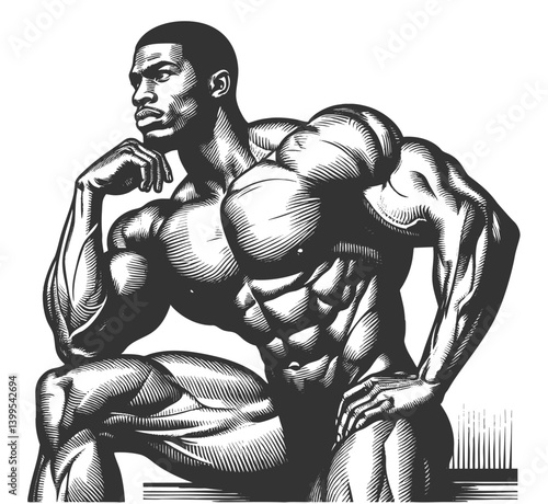 strong, muscular man african-american with a focused expression, symbolizing confidence, power, and athleticism sketch engraving generative ai vector illustration. Scratch board. Black and white image