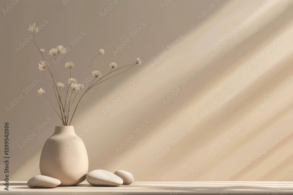 A serene display featuring a simple vase with delicate flowers and smooth stones on a soft toned background A serene display featuring a simple vase with delicate flowers and smooth stones on a soft toned background