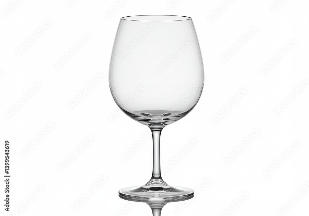 A clear wine glass with a stem and a round base on a white surface with a reflection below it A clear wine glass with a stem and a round base on a white surface with a reflection below it
