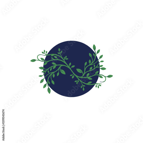 Green leaves and vines growing around a blue circle, nature inspired design
