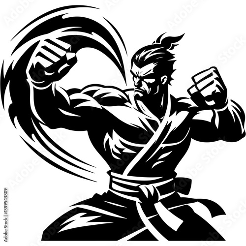 Tattoo emblem of fighter delivers final crushing blow with an uppercut from below in monochrome. Engraving minimalistic vector in black ink drawing on transparent background