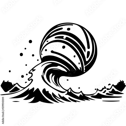 Sport emblem of sports ball for playing water polo on the wave in pool in monochrome. Engraving minimalistic vector in black ink drawing on transparent background