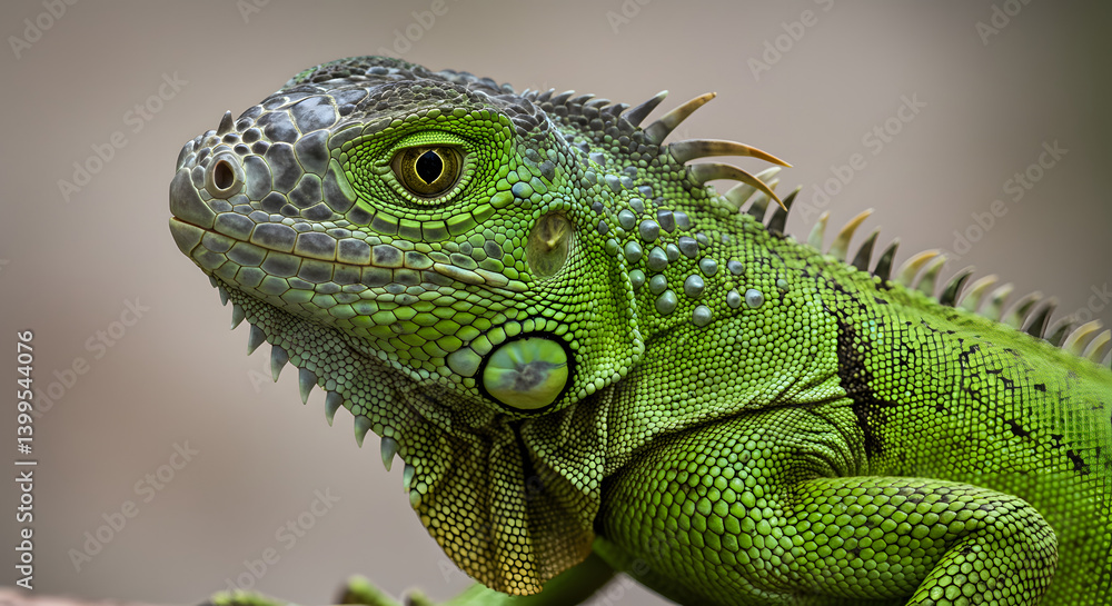 Close-up portrait of a vibrant green iguana resting on a branch, showcasing its textured skin and calm demeanor in natural light, highlighting the beauty of reptiles. Close-up portrait of a vibrant green iguana resting on a branch, showcasing its textured skin and calm demeanor in natural light, highlighting the beauty of reptiles.
