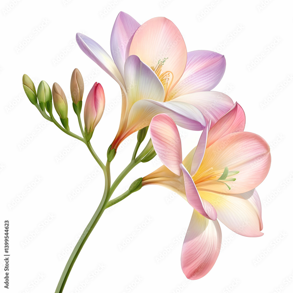 Freesia 3D rendered flower delicately isolated on a white background with vibrant colors and intricate details
Freesia 3D rendered flower delicately isolated on a white background with vibrant colors and intricate details