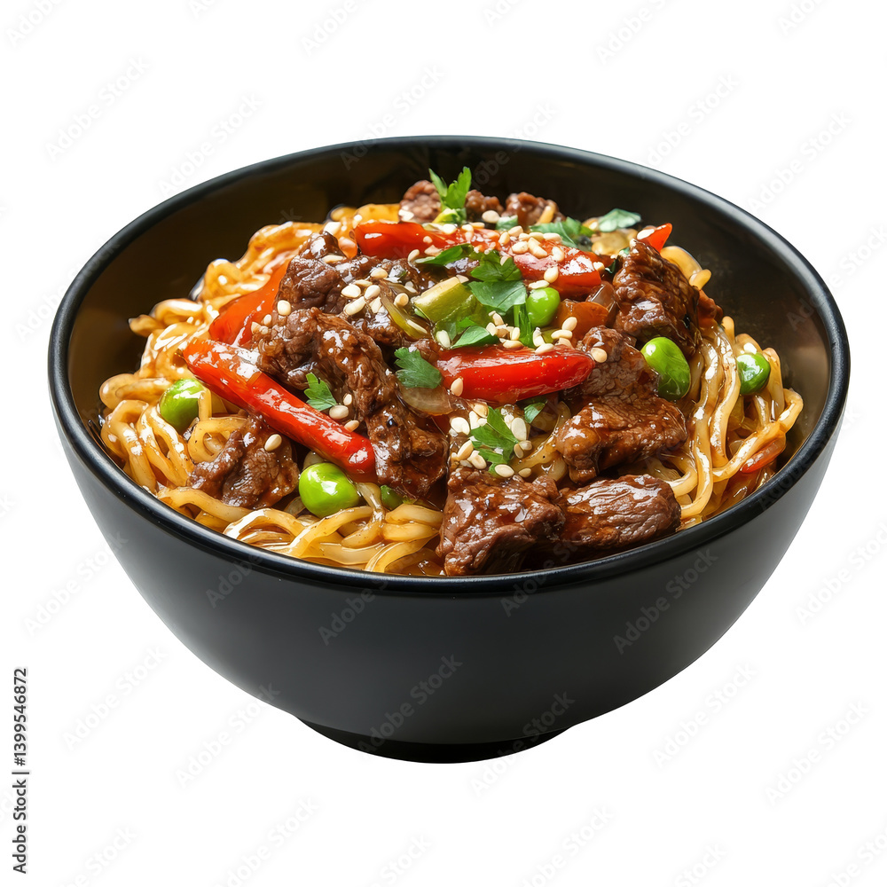 Isolated bowl of Asian beef noodle wok dish topped with green onions and red peppers for a delicious meal, Isolated bowl of asian beef noodle wok dish Isolated bowl of Asian beef noodle wok dish topped with green onions and red peppers for a delicious meal, Isolated bowl of asian beef noodle wok dish