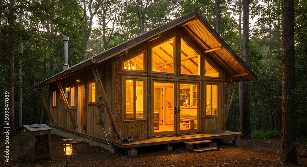 Cozy Bamboo Cabin Awaits in the Woods at Dusk Cozy Bamboo Cabin Awaits in the Woods at Dusk