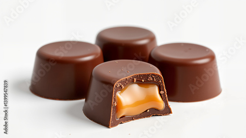 Chocolate candy pieces with Caramel filling, chocolate snack Isolated on white background 3d illustration.