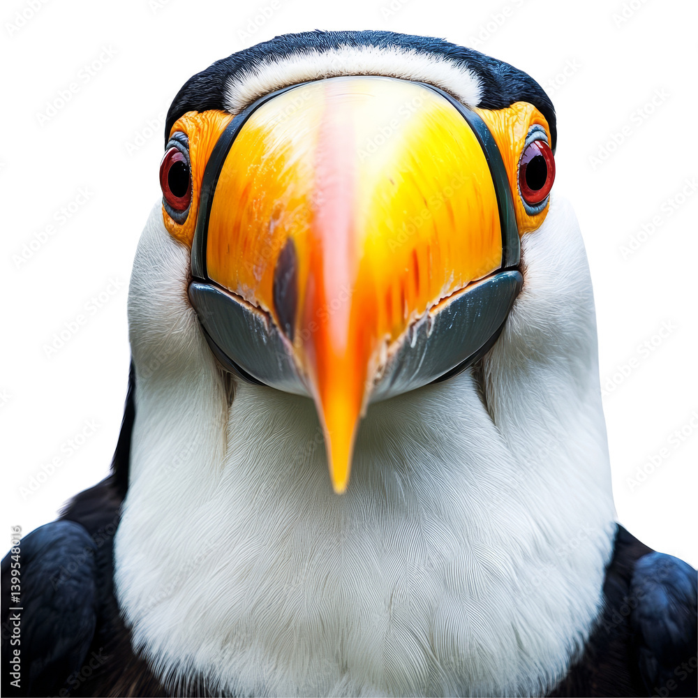 Fototapeta premium Captivating portrait of a toucan displaying its vibrant colors against a plain transparent background, Toucan face on transparent background