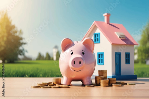 Piggy bank and coins near a house. Savings on home bills, energy saving technologies. Save money to buy a new house. Maintenance, property improvement. Real estate market. Mortgage loan
