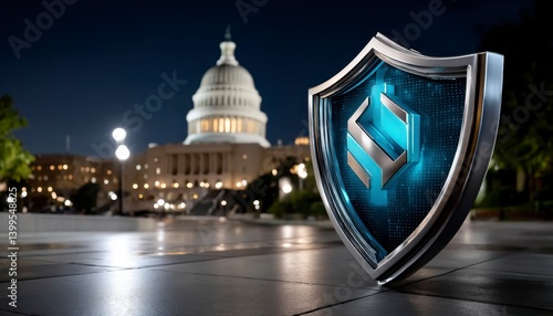 In a captivating night scene, a luminous cyber shield gracefully levitates above the iconic United States Capitol Building, embodying the formidable strength of national digital protection The