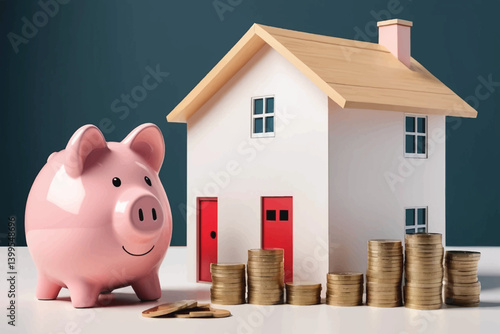 Piggy bank and coins near a house. Savings on home bills, energy saving technologies. Save money to buy a new house. Maintenance, property improvement. Real estate market. Mortgage loan