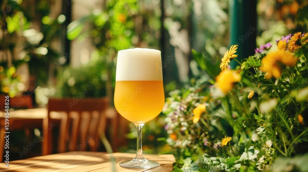 Refreshing Lager in a Glass, Garden Setting Refreshing Lager in a Glass, Garden Setting