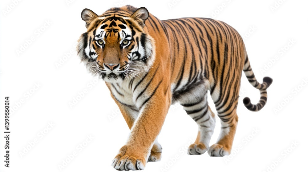 Obraz premium Tiger Walking Isolated White Background. Possible Use Nature/wildlife stock photo