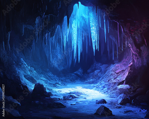 Icy Blue Cave with Stalactites Fantasy Landscape