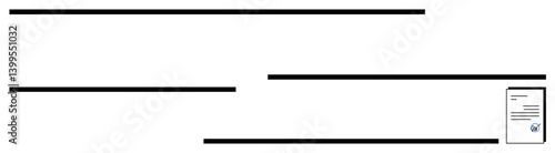 Horizontal lines leading to a completed document with a checkmark symbolize confirmation or approval. Ideal for workflow, validation, organization, efficiency, documentation, clarity, flat simple