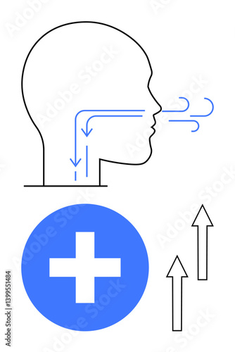 Human head displaying airflow, blue medical cross symbol, arrows pointing upward. Ideal for healthcare, respiratory health, medical research, breathing exercises, wellness, recovery progress in