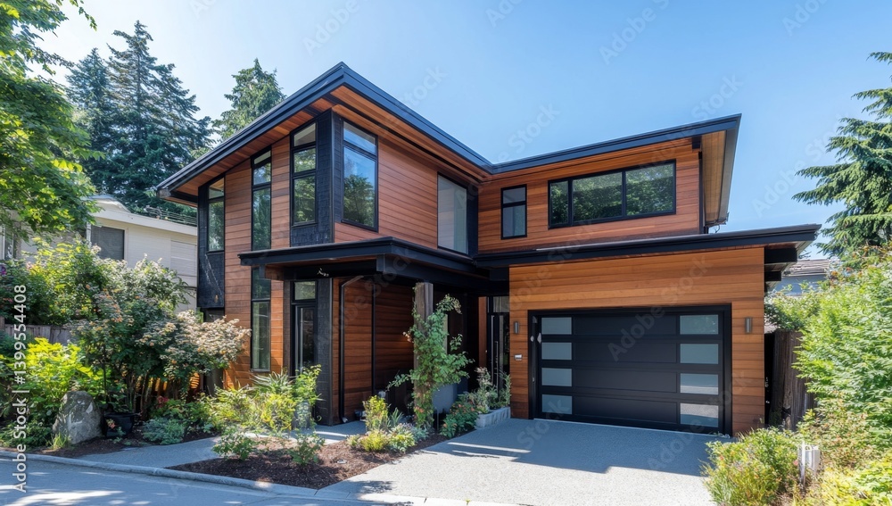 Modern, stylish house with a contemporary design. Spacious, well-maintained home, featuring a sleek exterior, with cedar siding, large windows, and a modern garage. Landscaped front yard Modern, stylish house with a contemporary design. Spacious, well-maintained home, featuring a sleek exterior, with cedar siding, large windows, and a modern garage. Landscaped front yard