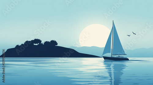 Sailboat on Calm Ocean with Clouds