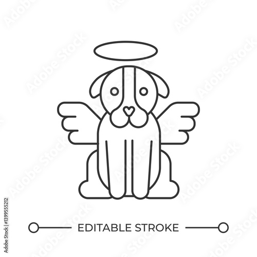 Dog on heave line icon. Canine pet with angel wings and halo. Loss of beloved animal companion. Sweet memory. Isolated vector illustration. Outline symbol. Simple linear drawing. Editable stroke