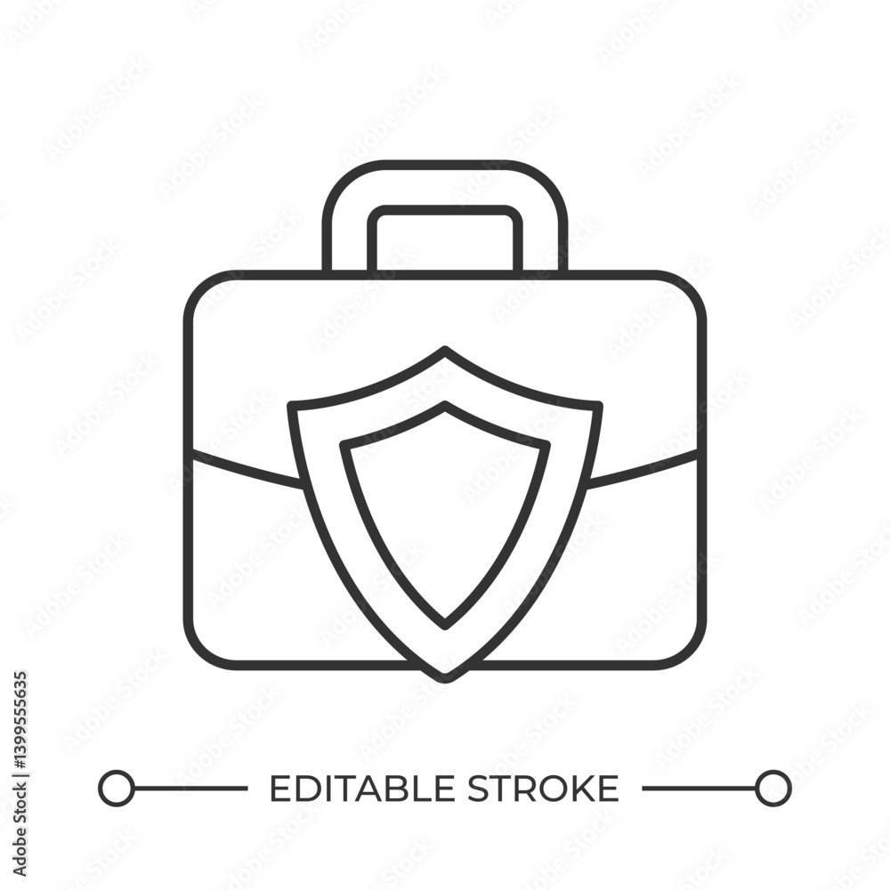 Briefcase with shield line icon. Business papers confidence protection. Corporate information safety service. Isolated vector illustration. Outline symbol. Simple linear drawing. Editable stroke Briefcase with shield line icon. Business papers confidence protection. Corporate information safety service. Isolated vector illustration. Outline symbol. Simple linear drawing. Editable stroke