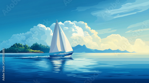 Sailboat on Calm Ocean with Clouds