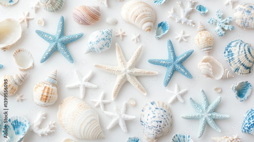 Seashells and starfish arrangement on a white background Seashells and starfish arrangement on a white background