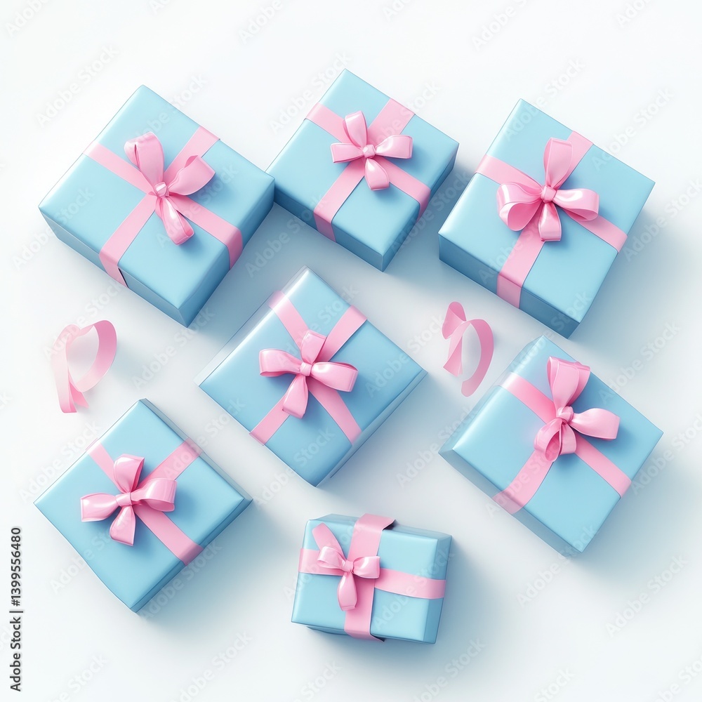 Light blue gift boxes with pink ribbons, arranged in a heart shape, scattered on a white background. Small, delicate heart-shaped confetti pieces are scattered among the boxes Light blue gift boxes with pink ribbons, arranged in a heart shape, scattered on a white background. Small, delicate heart-shaped confetti pieces are scattered among the boxes