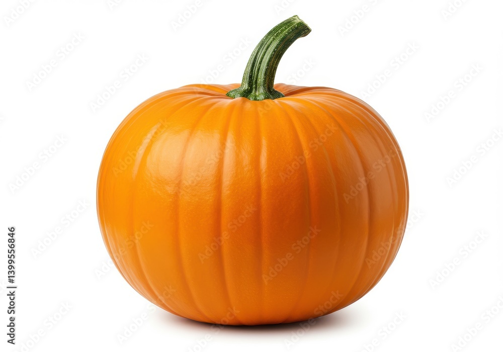 A single orange pumpkin with a green stem isolated on a white background in a studio shot A single orange pumpkin with a green stem isolated on a white background in a studio shot