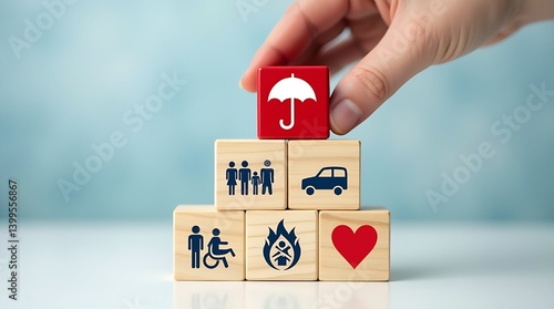 Hand holding umbrella wood block cover Insurance icon,top of wooden blocks that represent different forms of insurance, such as health, family, and car protection.