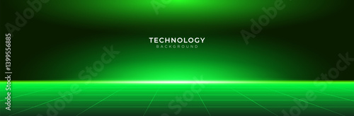 Abstract Green Futuristic Horizon Background with  Neon Light Effect for Product Presentation, Perspective Template, Vector