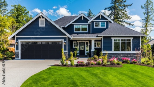 Modern house with manicured lawn and landscaping