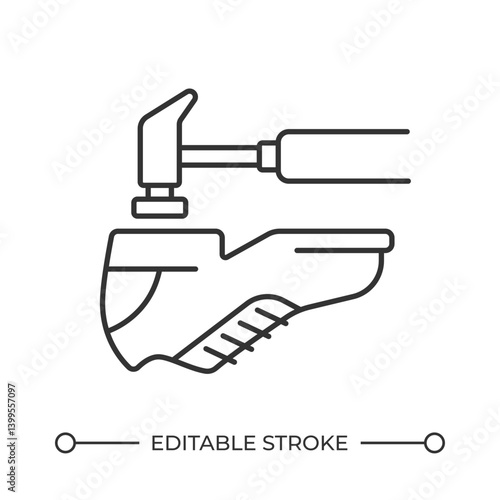 Shoes repair line icon. Hammer tapping sole of boot. Small business customer service. Footgear maintenance. Isolated vector illustration. Outline symbol. Simple linear drawing. Editable stroke