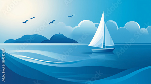 Sailboat on Calm Ocean with Clouds
