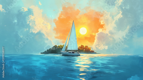 Sailboat on Calm Ocean with Clouds