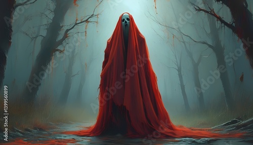 Mysterious figure haunts foggy forest eerie atmosphere captured horror art surreal environment dark concept