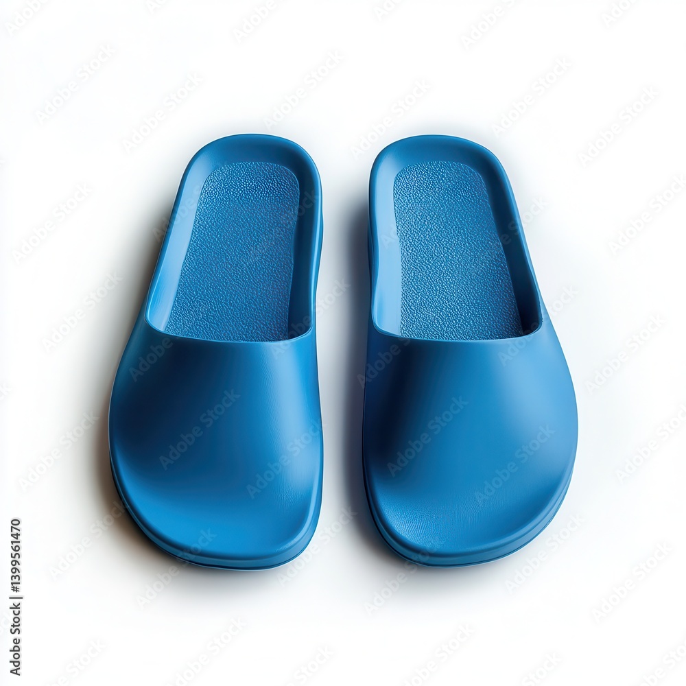 Pair of vibrant blue, comfortable slides. Modern, sleek design, featuring a wide, chunky sole and a smooth, sculpted upper. Perfect for casual wear Pair of vibrant blue, comfortable slides. Modern, sleek design, featuring a wide, chunky sole and a smooth, sculpted upper. Perfect for casual wear