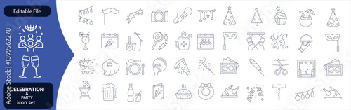 celebration & party line editable icon set. Birthday Line Icons Editable Stroke.