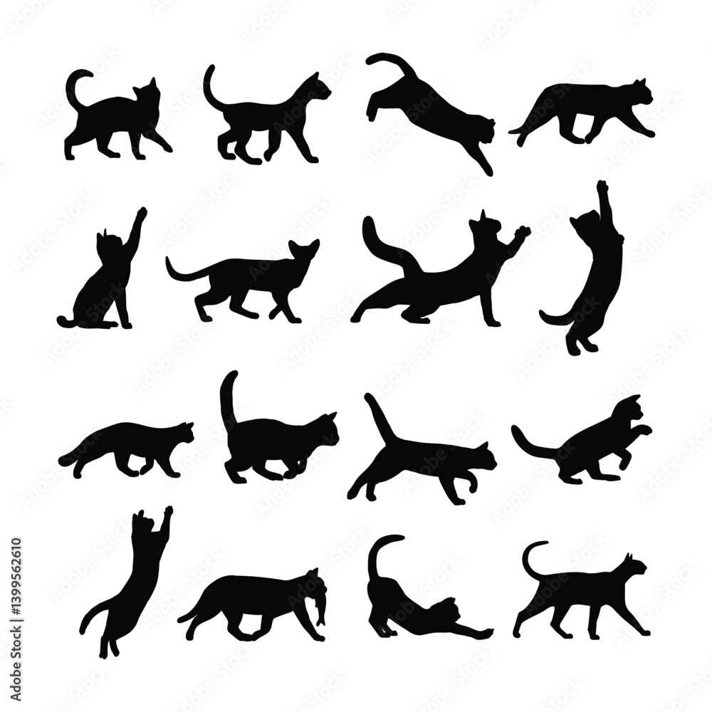 Obraz premium Cat Silhouettes Collection – A Charming Array of Black Cat Designs Featuring Various Poses Perfect for Illustrations, Logos, and Pet Projects.