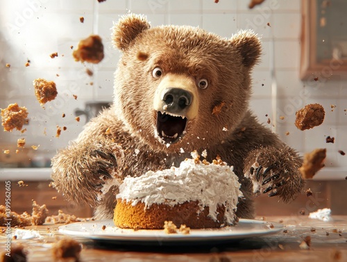 A surprised bear lunges for a cake. Crumbs fly as it dives, eyes wide with a mix of shock and eagerness in a chaotic kitchen scene.