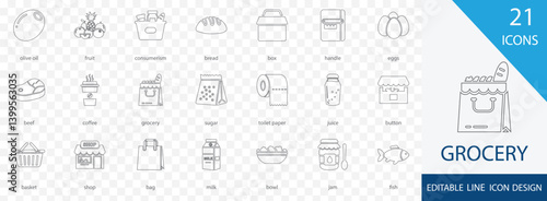 Grocery line  icon style.  containing juice, coffee, fish, consumerism, groceries, and more  stroke design