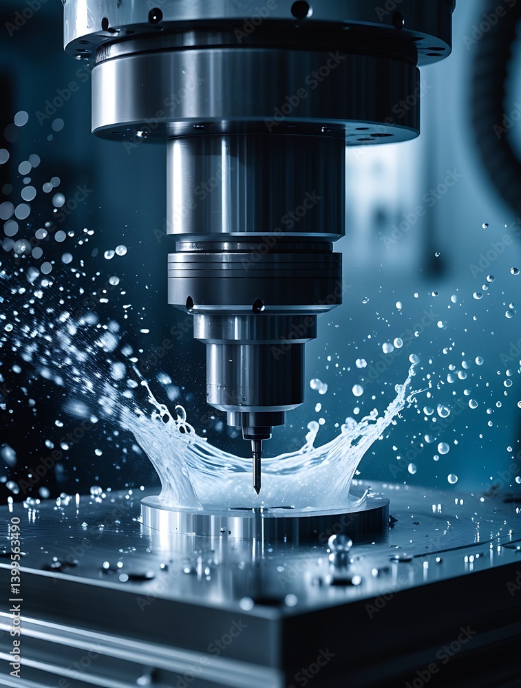 High-speed precision CNC milling machine drilling into metal with water cooling system activated, spraying fluid during advanced automated industrial manufacturing process
High-speed precision CNC milling machine drilling into metal with water cooling system activated, spraying fluid during advanced automated industrial manufacturing process