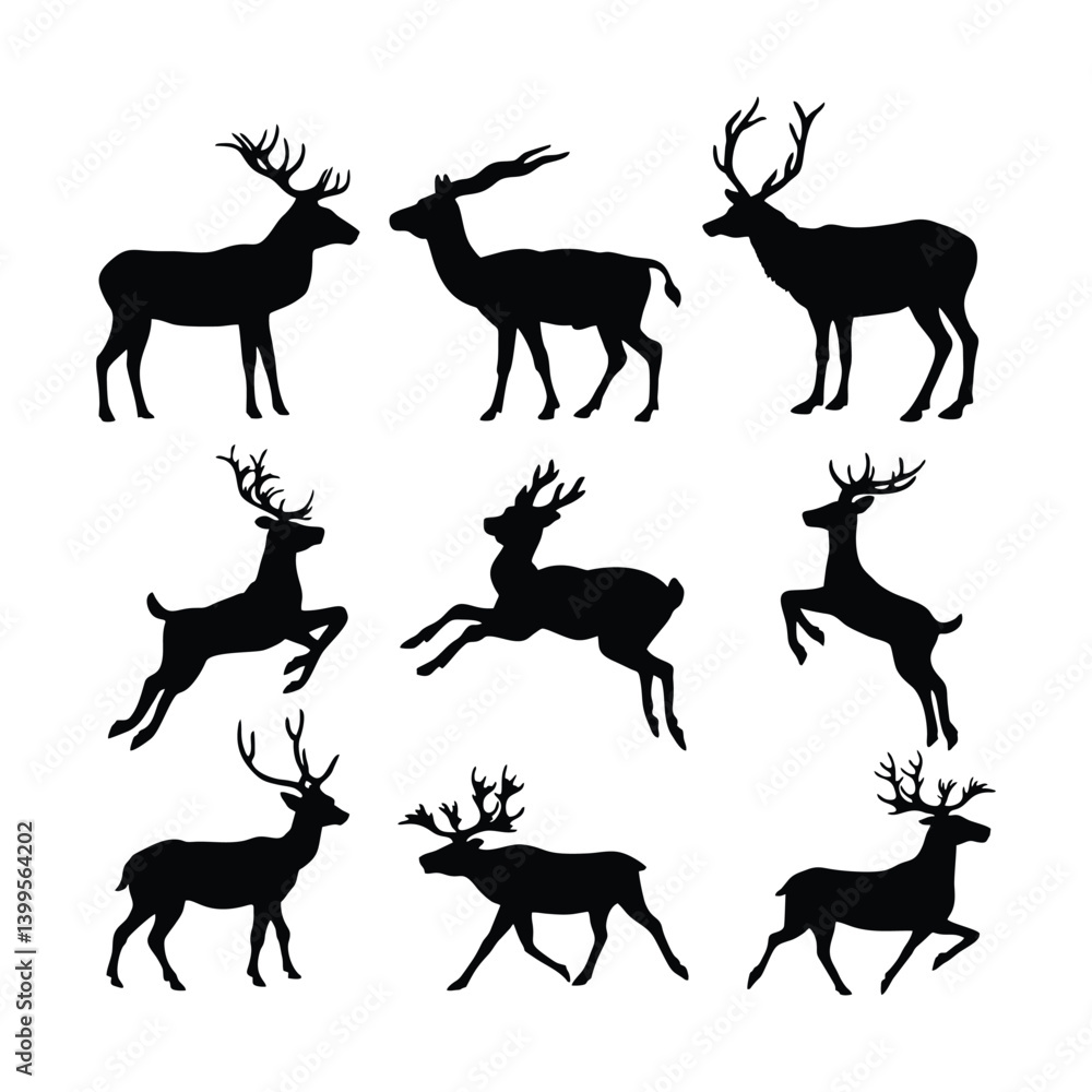 Deer Silhouettes Collection - A Graceful Array of Black Deer Designs Featuring Various Poses and Movements Perfect for Illustrations, Logos, and Wildlife Projects. Deer Silhouettes Collection - A Graceful Array of Black Deer Designs Featuring Various Poses and Movements Perfect for Illustrations, Logos, and Wildlife Projects.
