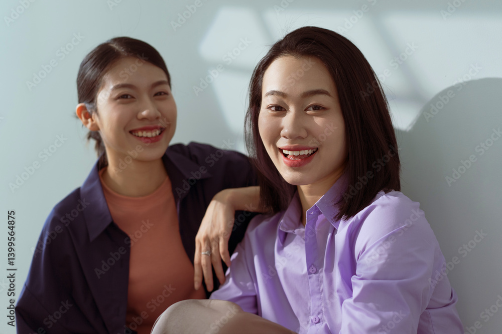 Friends enjoying a joyful moment together in a bright and stylish indoor space Friends enjoying a joyful moment together in a bright and stylish indoor space